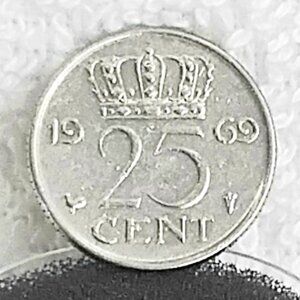Circulated 1969 Netherlands 25 Cent Juliana Koningin der.. Coin Made of Nickel!!